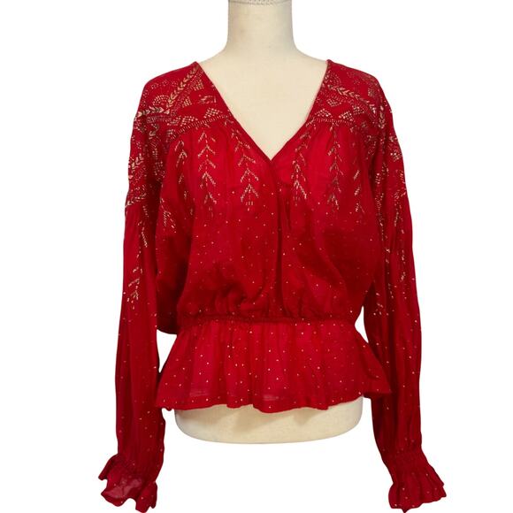 Free People Tops - Free People Counting Stars Peasant Top Red Women's Medium Western Boho Festival